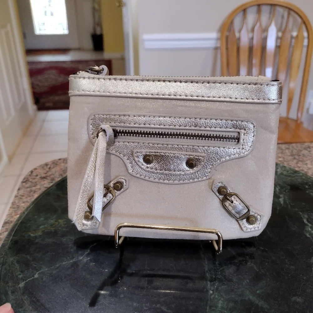 Balenciaga Paris Gold Leather Trim Card Coin Zip Holder